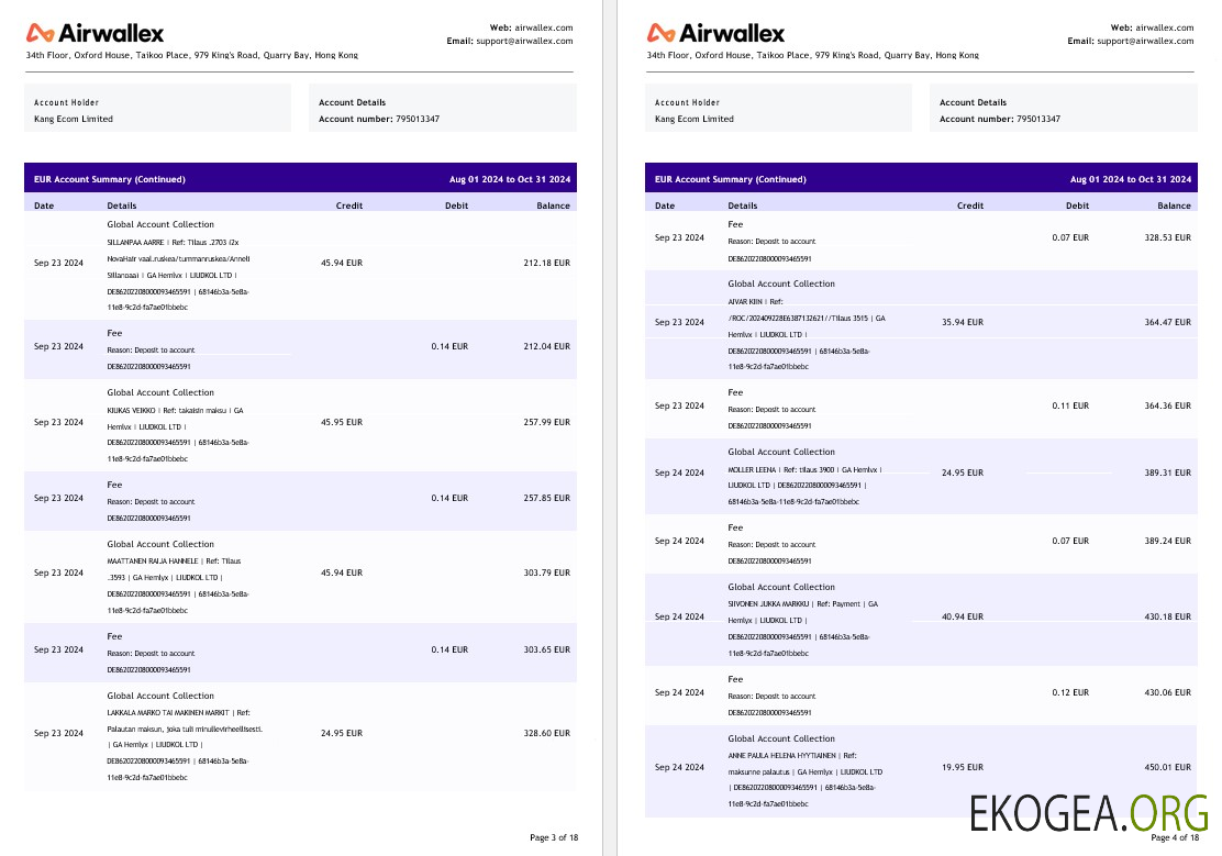 Relevé de compte Hong Kong Airwallex Limited, 18 pages 2